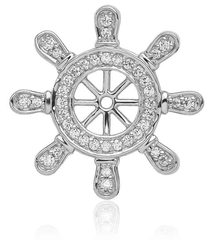 14K Solid White Gold Diamond Ship Wheel Necklace Chain Pendant Charm