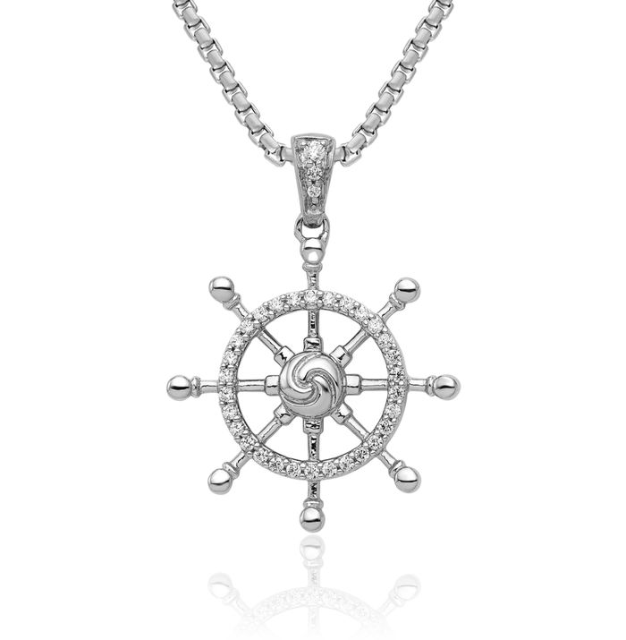 14K Solid White Gold Diamond Ship Wheel Necklace Chain Pendant Charm