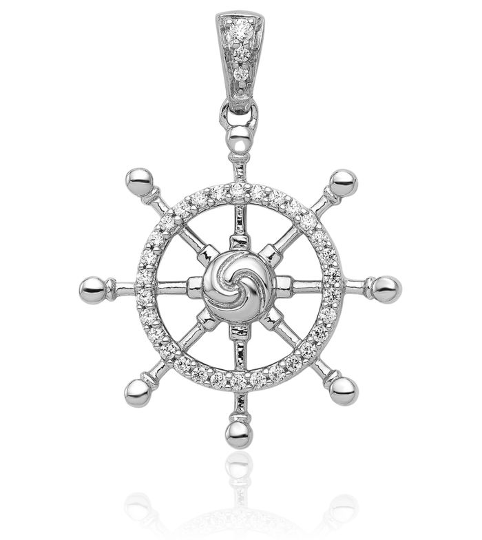 14K Solid White Gold Diamond Ship Wheel Necklace Chain Pendant Charm