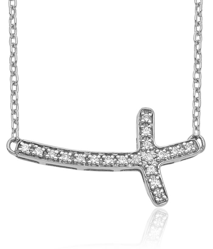 14K Solid White Gold Diamond Sideways Holy Cross Necklace Chain