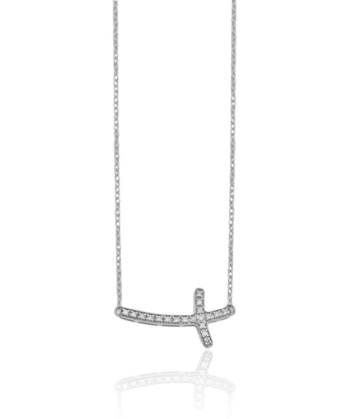 14K Solid White Gold Diamond Sideways Holy Cross Necklace Chain
