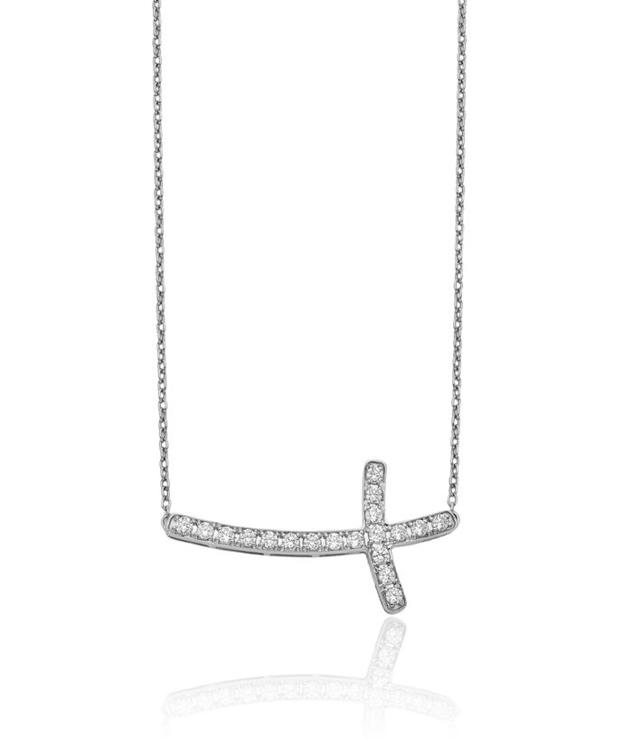 14K Solid White Gold Diamond Sideways Holy Cross Necklace Chain