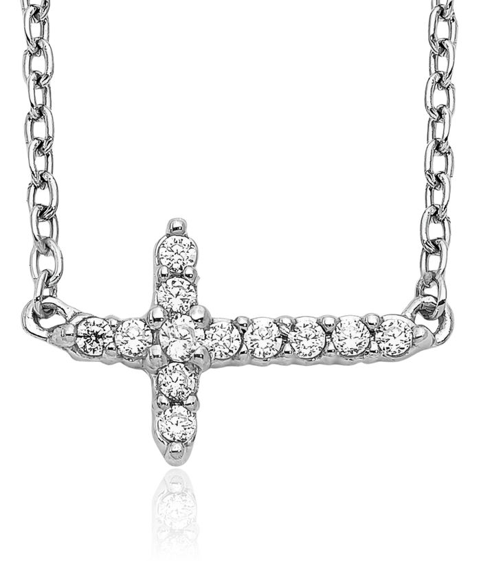 14K Solid White Gold Diamond Sideways Holy Cross Necklace Chain