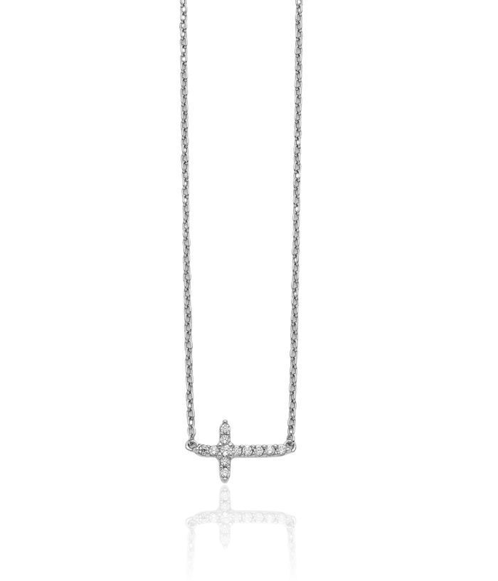 14K Solid White Gold Diamond Sideways Holy Cross Necklace Chain