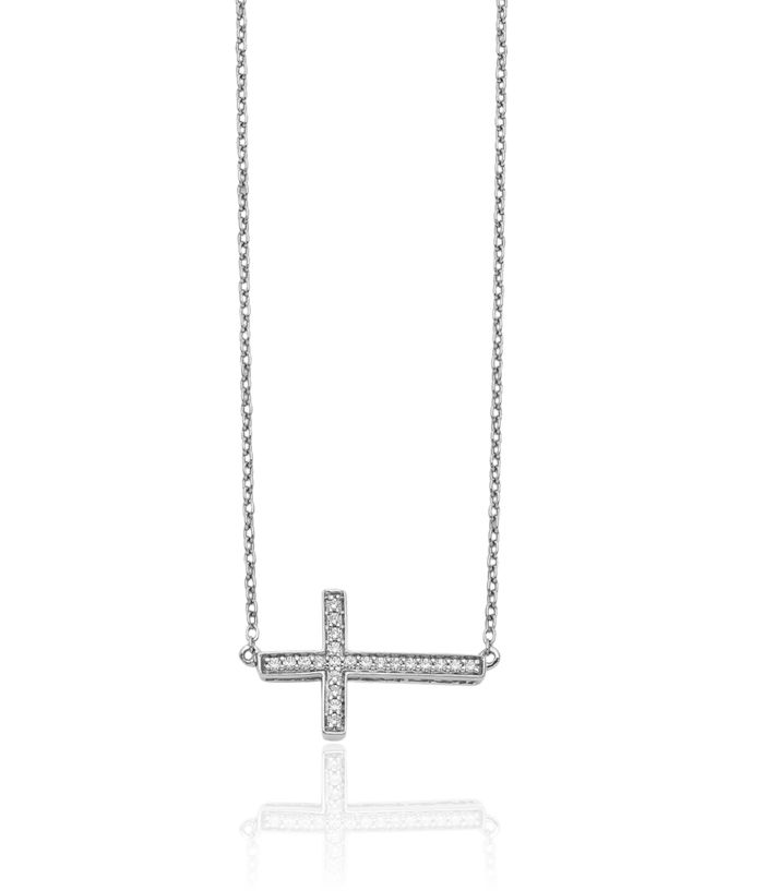 14K Solid White Gold Diamond Sideways Holy Cross Necklace Chain
