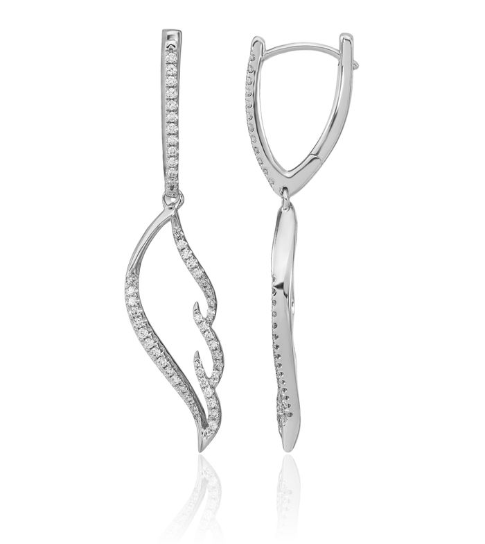 14K Solid White Gold Diamond Single Guardian Angel Wings Wing Medium Huggie Hoop Drop Dangle Earrings