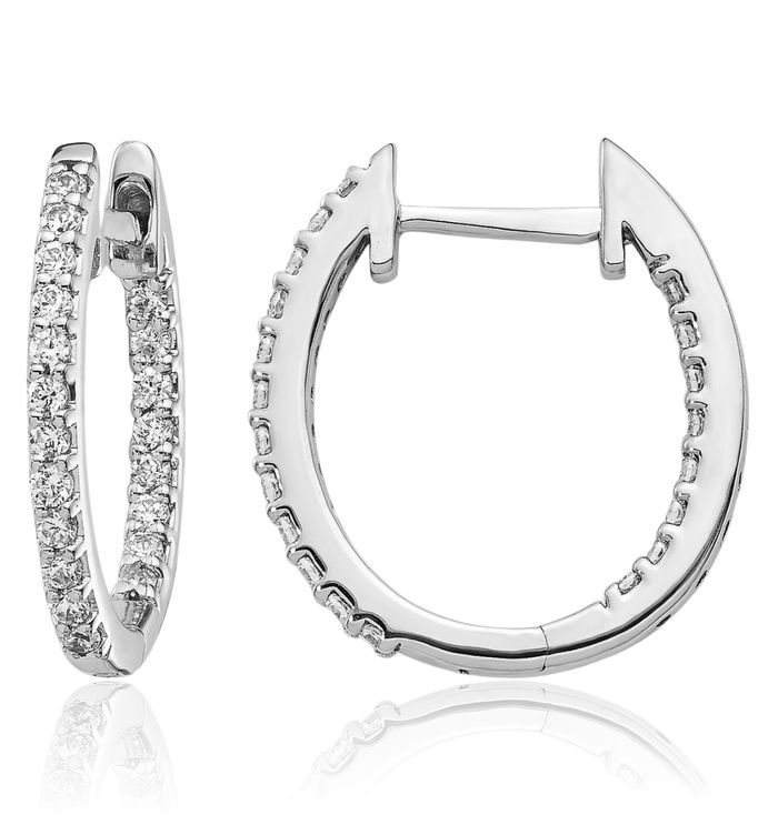 14K Solid White Gold Diamond Small Hoop Earrings