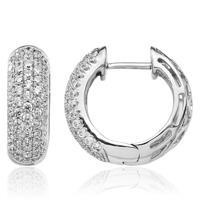14K Solid White Gold Diamond Small Hoop Earrings