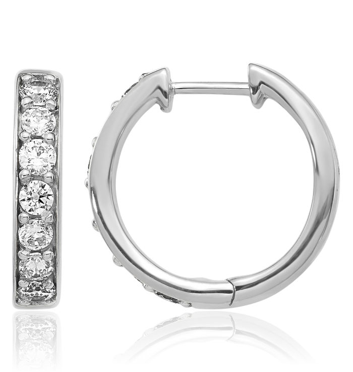 14K Solid White Gold Diamond Small Hoop Earrings