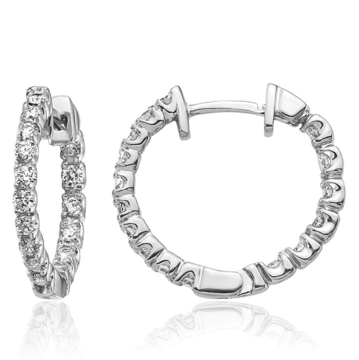 14K Solid White Gold Diamond Small Hoop Earrings
