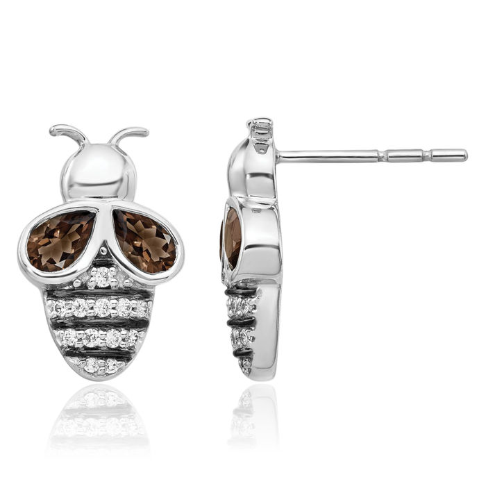 14K Solid White Gold Diamond Brown Smoky Quartz Queen Bumble Bee Studs Honeybee Beekeeper Earrings
