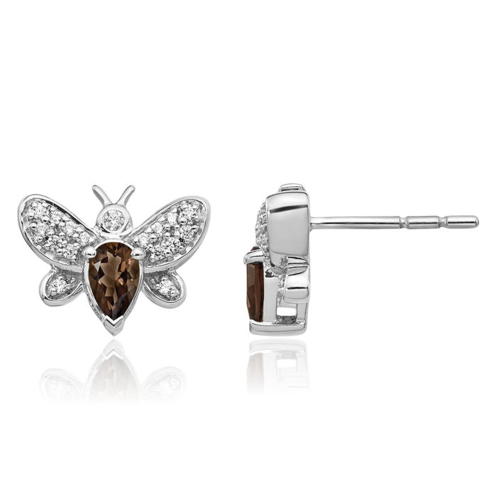 14K Solid White Gold Diamond Brown Smoky Quartz Queen Bumble Bee Studs Honeybee Beekeeper Earrings
