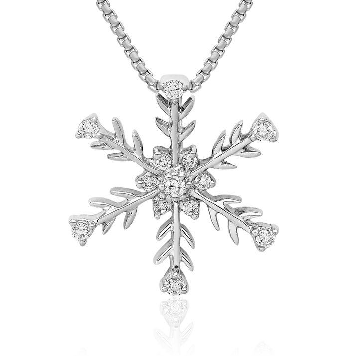 14K Solid White Gold Diamond Snowflake Floating Chain Slide Pendant Necklace Charm