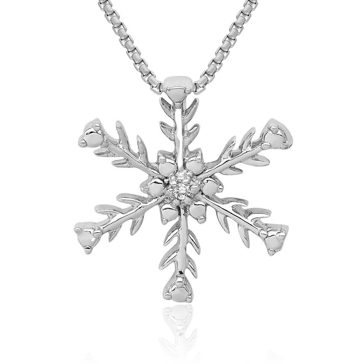 14K Solid White Gold Diamond Snowflake Floating Chain Slide Pendant Necklace Charm