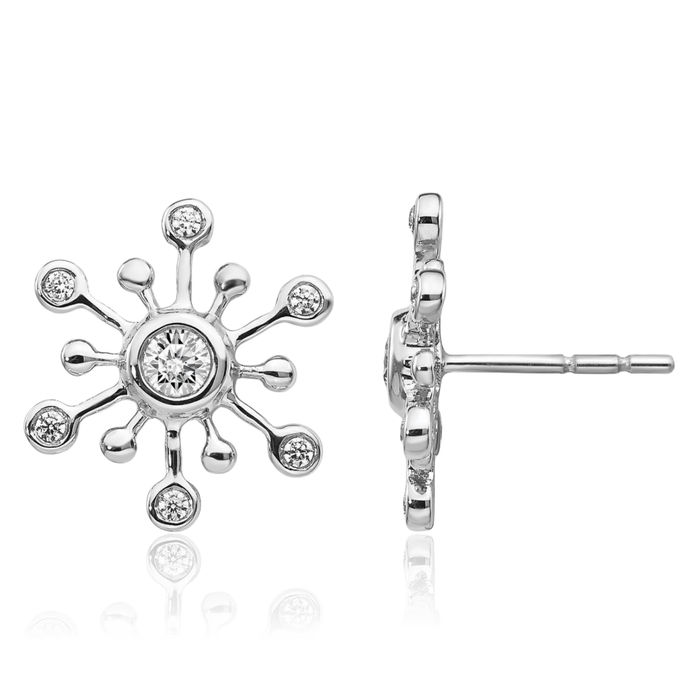 14K Solid White Gold Diamond Snowflake Stud Earrings