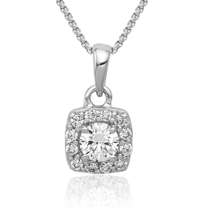 14K Solid White Gold Diamond Square Necklace Chain Pendant Charm