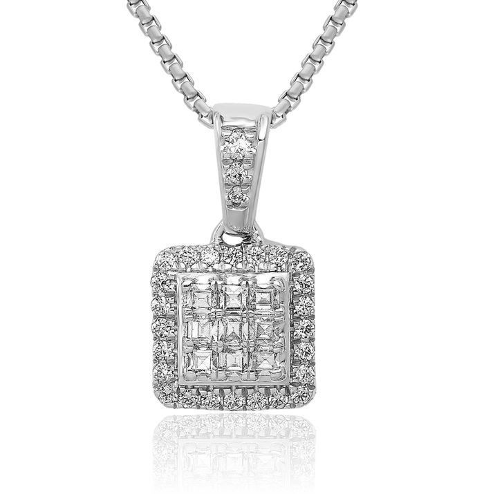 14K Solid White Gold Diamond Square Necklace Chain Pendant Charm