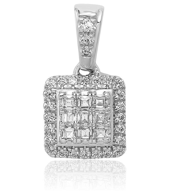 14K Solid White Gold Diamond Square Necklace Chain Pendant Charm