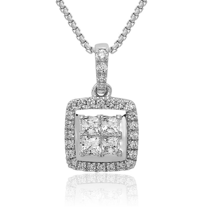 14K Solid White Gold Diamond Square Necklace Chain Pendant Charm