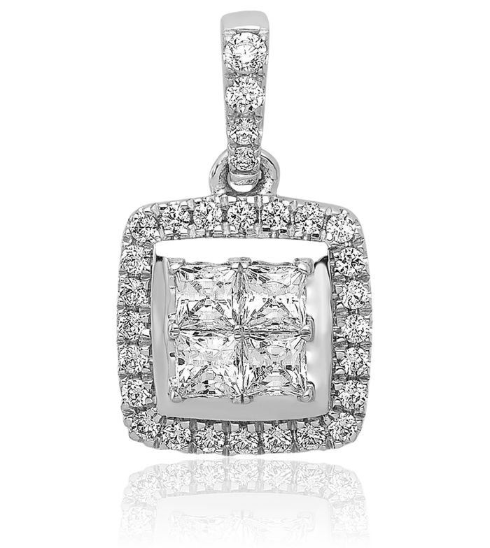 14K Solid White Gold Diamond Square Necklace Chain Pendant Charm