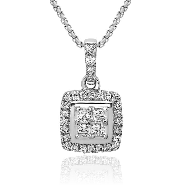 14K Solid White Gold Diamond Square Necklace Chain Pendant Charm