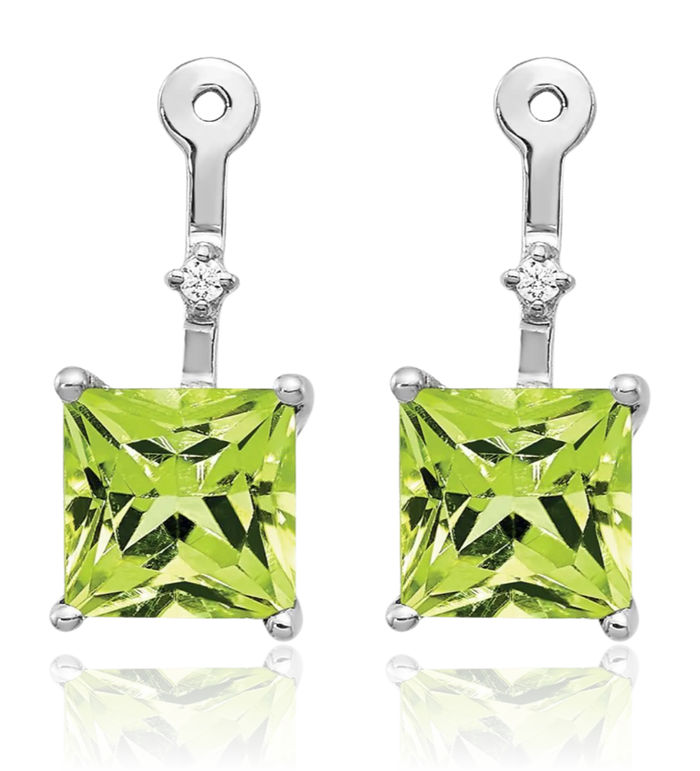 14K Solid White Gold Diamond Square Green Peridot Earring Jackets for Studs