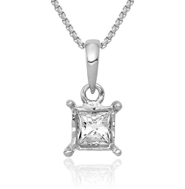 14K Solid White Gold Diamond Square Solitaire Necklace Chain Pendant Charm