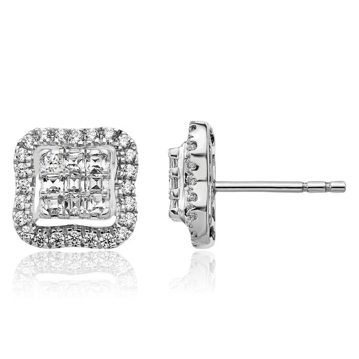 14K Solid White Gold Diamond Square Stud Earrings