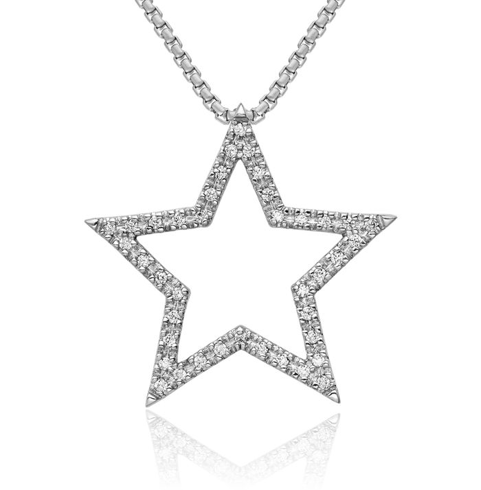 14K Solid White Gold Diamond Star Floating Chain Slide Pendant Necklace Charm