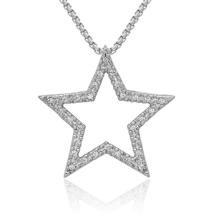 14K Solid White Gold Diamond Star Floating Chain Slide Pendant Necklace Charm