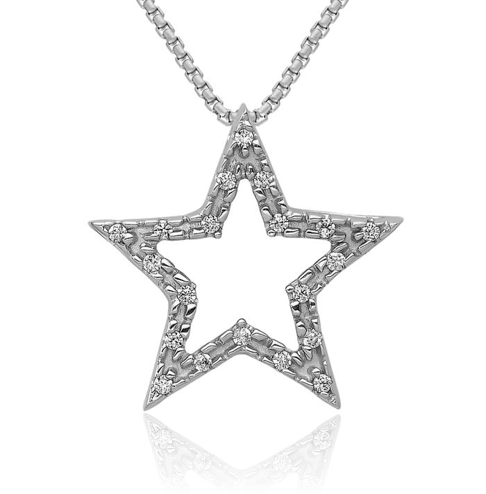 14K Solid White Gold Diamond Star Floating Chain Slide Pendant Necklace Charm