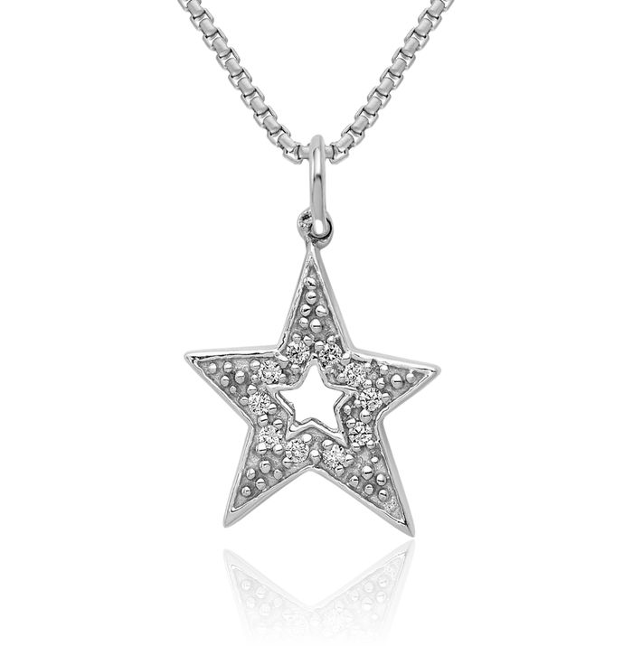 14K Solid White Gold Diamond Star Necklace Chain Pendant Charm