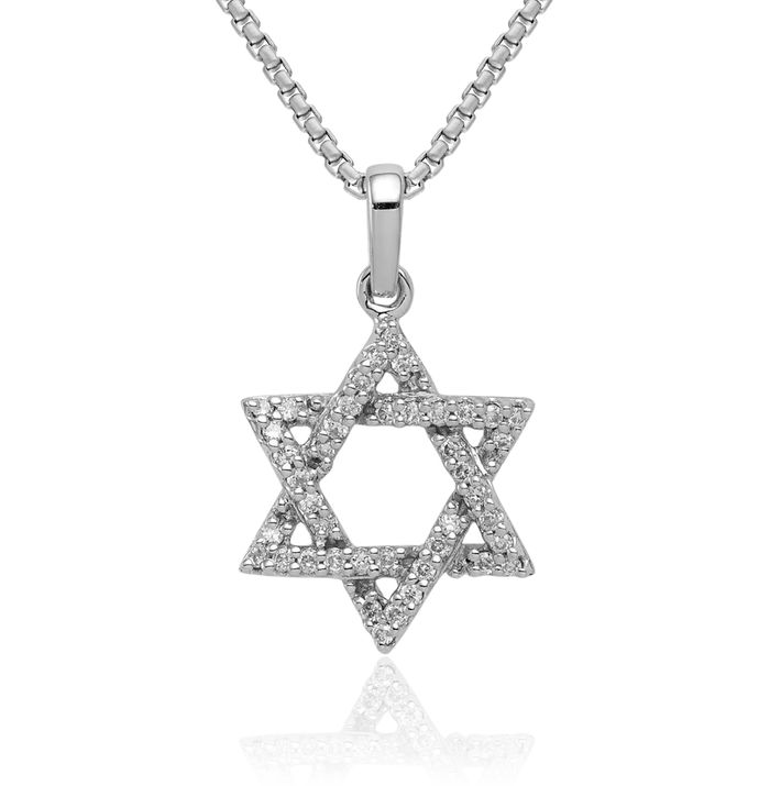 14K Solid White Gold Diamond Star of David Jewish Magen Necklace Judaica Religious Chain Pendant Israel Charm