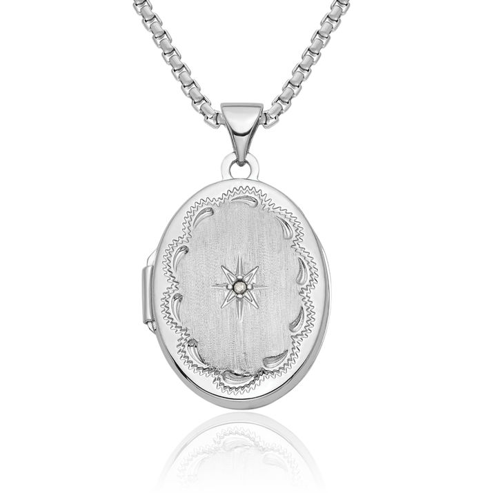 14K Solid White Gold Diamond Star Oval Personalized Photo Locket Necklace Picture Pendant Charm