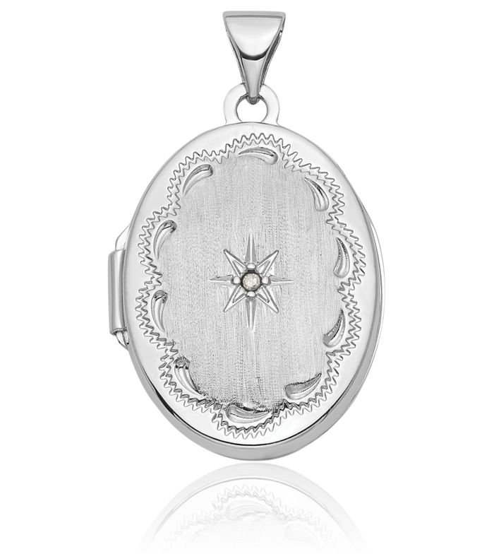 14K Solid White Gold Diamond Star Oval Personalized Photo Locket Necklace Picture Pendant Charm