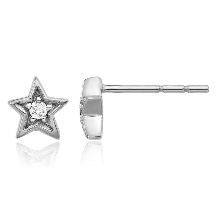 14K Solid White Gold Diamond Star Stud Earrings