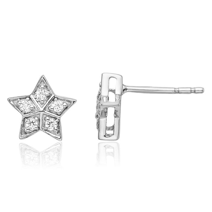 14K Solid White Gold Diamond Star Stud Earrings