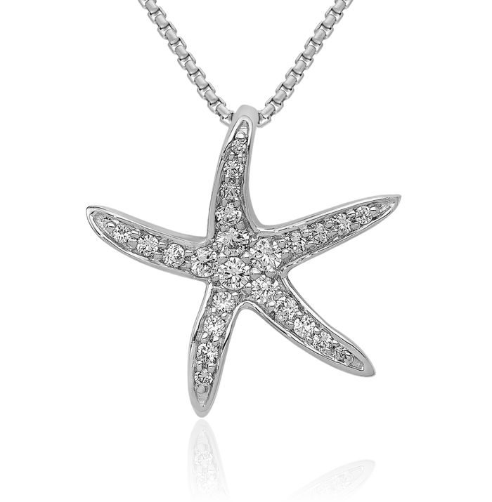 14K Solid White Gold Diamond Starfish Floating Chain Slide Pendant Necklace Charm