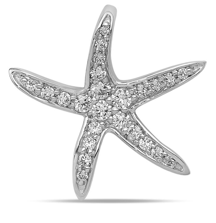 14K Solid White Gold Diamond Starfish Floating Chain Slide Pendant Necklace Charm