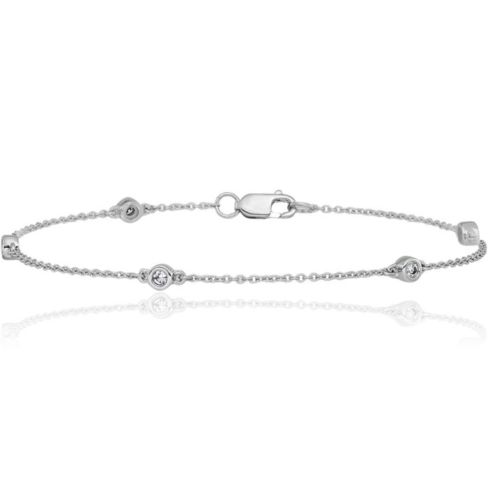 14K Solid White Gold Diamond Station Cable Tennis Bracelet