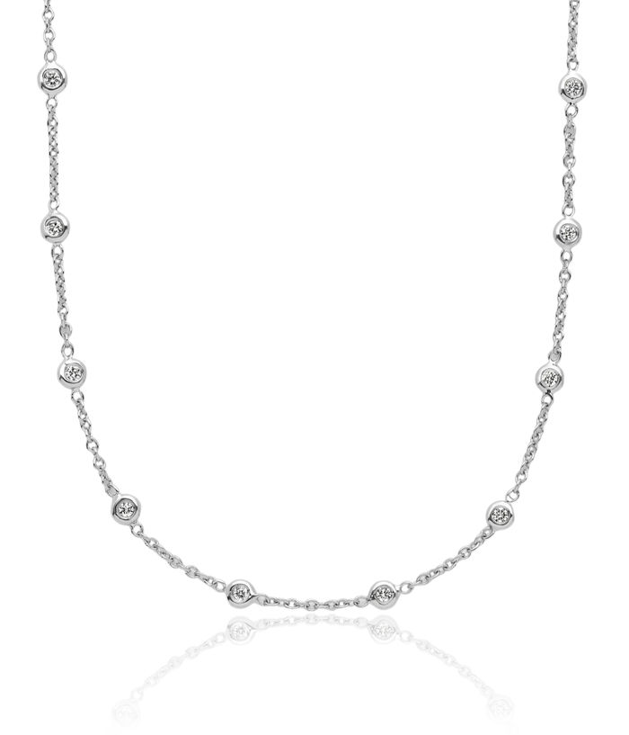 14K Solid White Gold Diamond Stations Necklace Chain