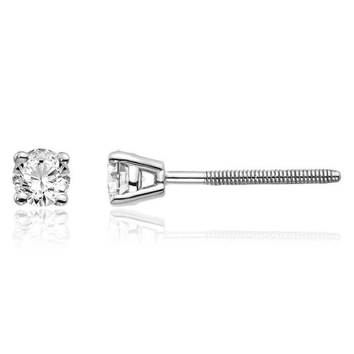 14K Solid White Gold Diamond Studs Post Screw Back Earrings