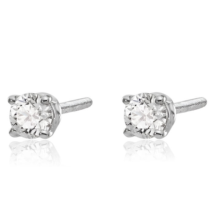 14K Solid White Gold Diamond Studs Post Screw Back Earrings