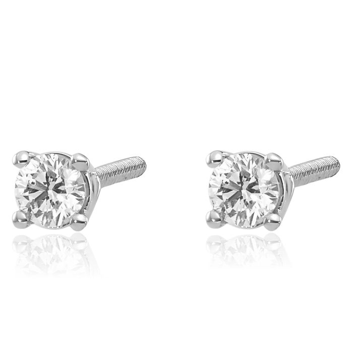 14K Solid White Gold Diamond Studs Post Screw Back Earrings