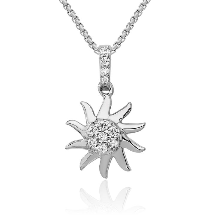 14K Solid White Gold Diamond Sun Necklace Sunshine Pendant Sunburst Charm Celestial Jewelry