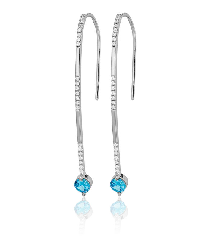 14K Solid White Gold Diamond Swiss Blue Topaz Drop Dangle Earrings Gemstone Threader December Birthstone Jewelry