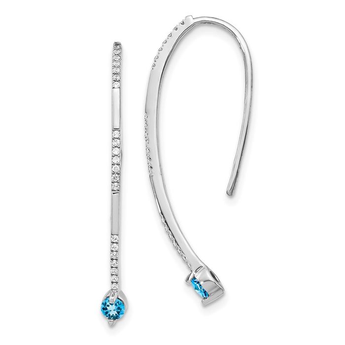 14K Solid White Gold Diamond Swiss Blue Topaz Drop Dangle Earrings Gemstone Threader December Birthstone Jewelry