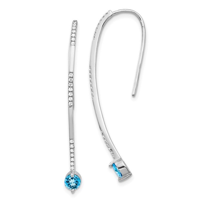 14K Solid White Gold Diamond Swiss Blue Topaz Drop Dangle Earrings Gemstone Threader December Birthstone Jewelry