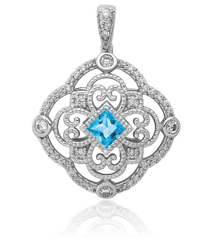 14K Solid White Gold Diamond Swiss Blue Topaz Necklace Charm Gemstone Pendant