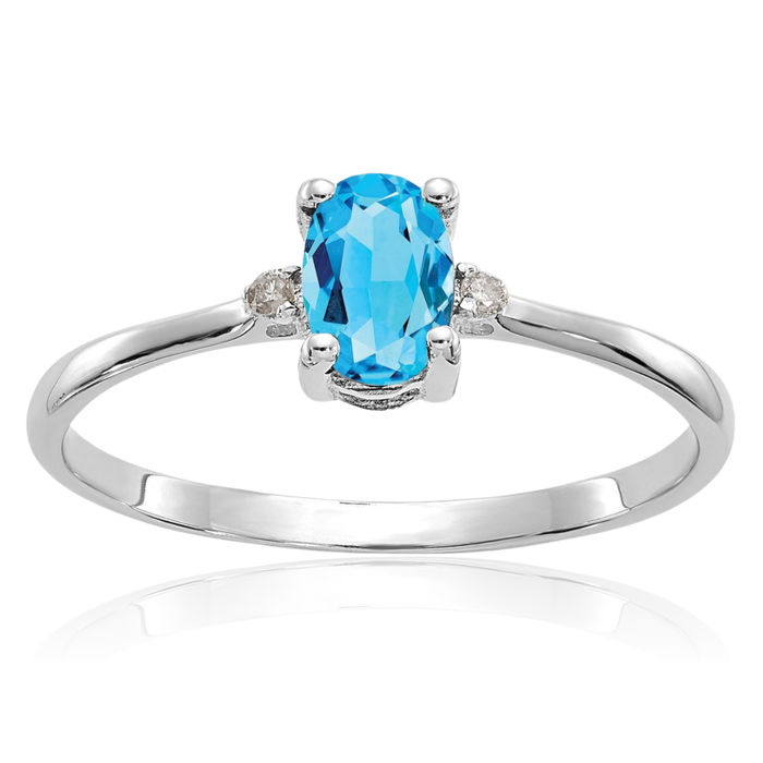 14K Solid White Gold Diamond Swiss Blue Topaz Ring April December Birthstone Jewelry